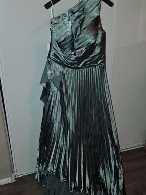 One-Shoulder Pleated Satin Evening Dress - Deep Teal High Low Skirt